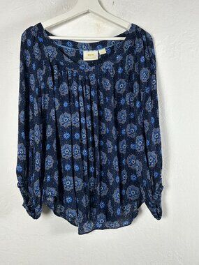 Anthropologie Maeve Womens Boswell Blouse Size 8 Blue Floral Long Sleeve Casual